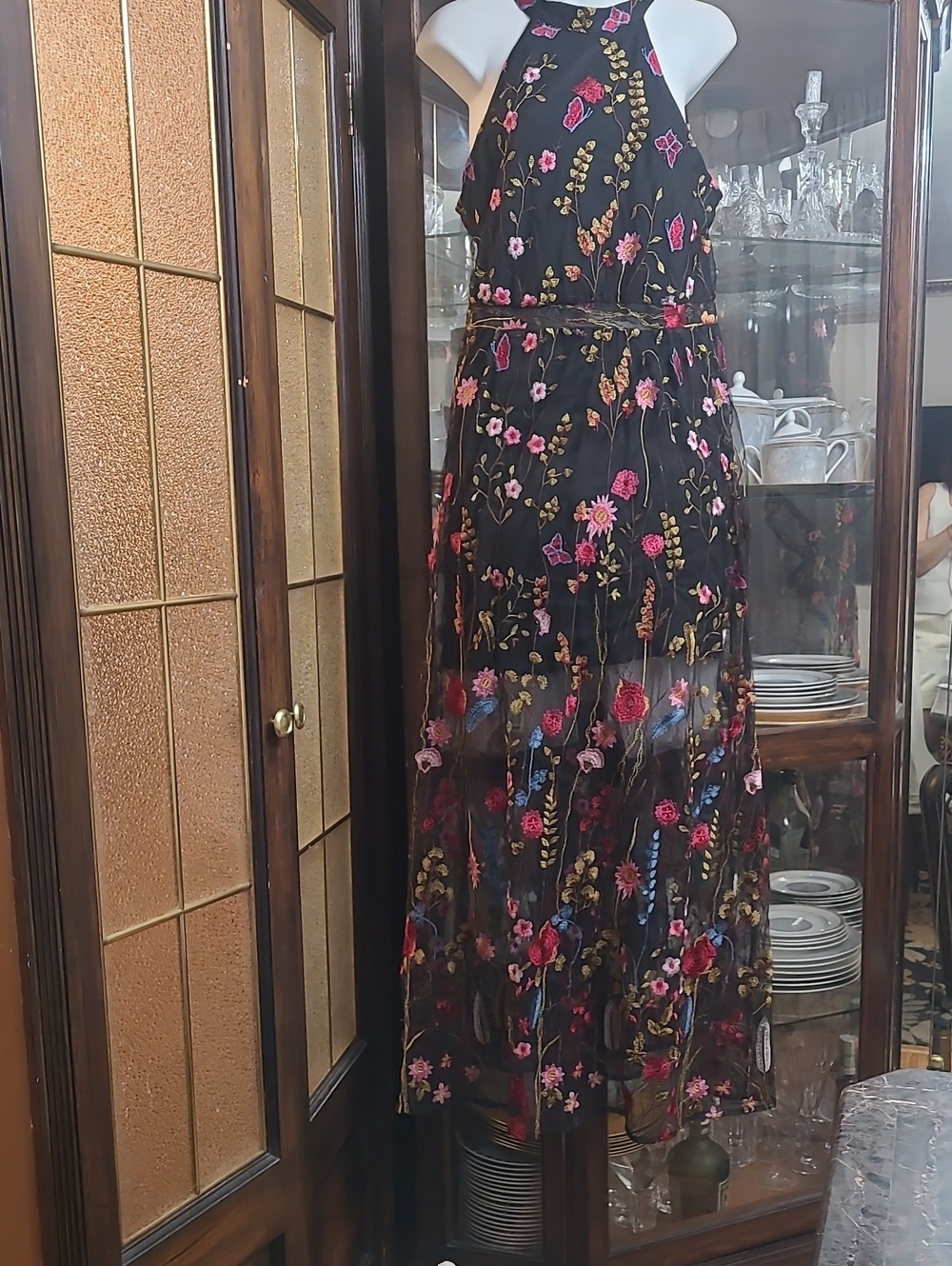 Betsey Johnson Black Maxi Dress with Pink, Red & Blue Floral Embroidery